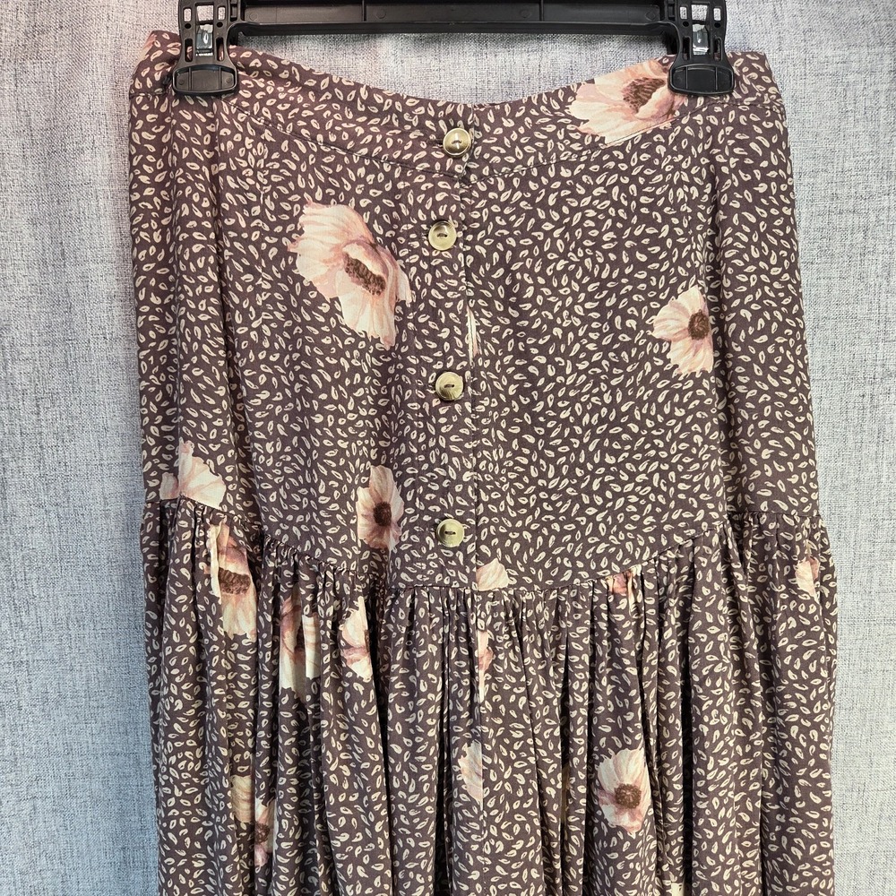 H &M Womens Maxi Pleated Button Down SZ 6 Ditsy Brown Floral Cottage Fairy Bloom
